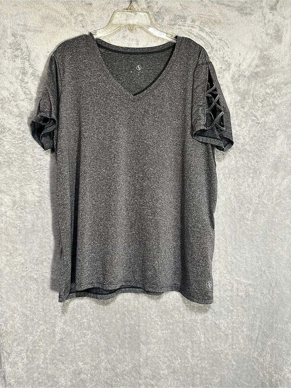 Adrienne Vittadini Sport V-Neck Lattice Cutout Sleeve T-Shirt Gray